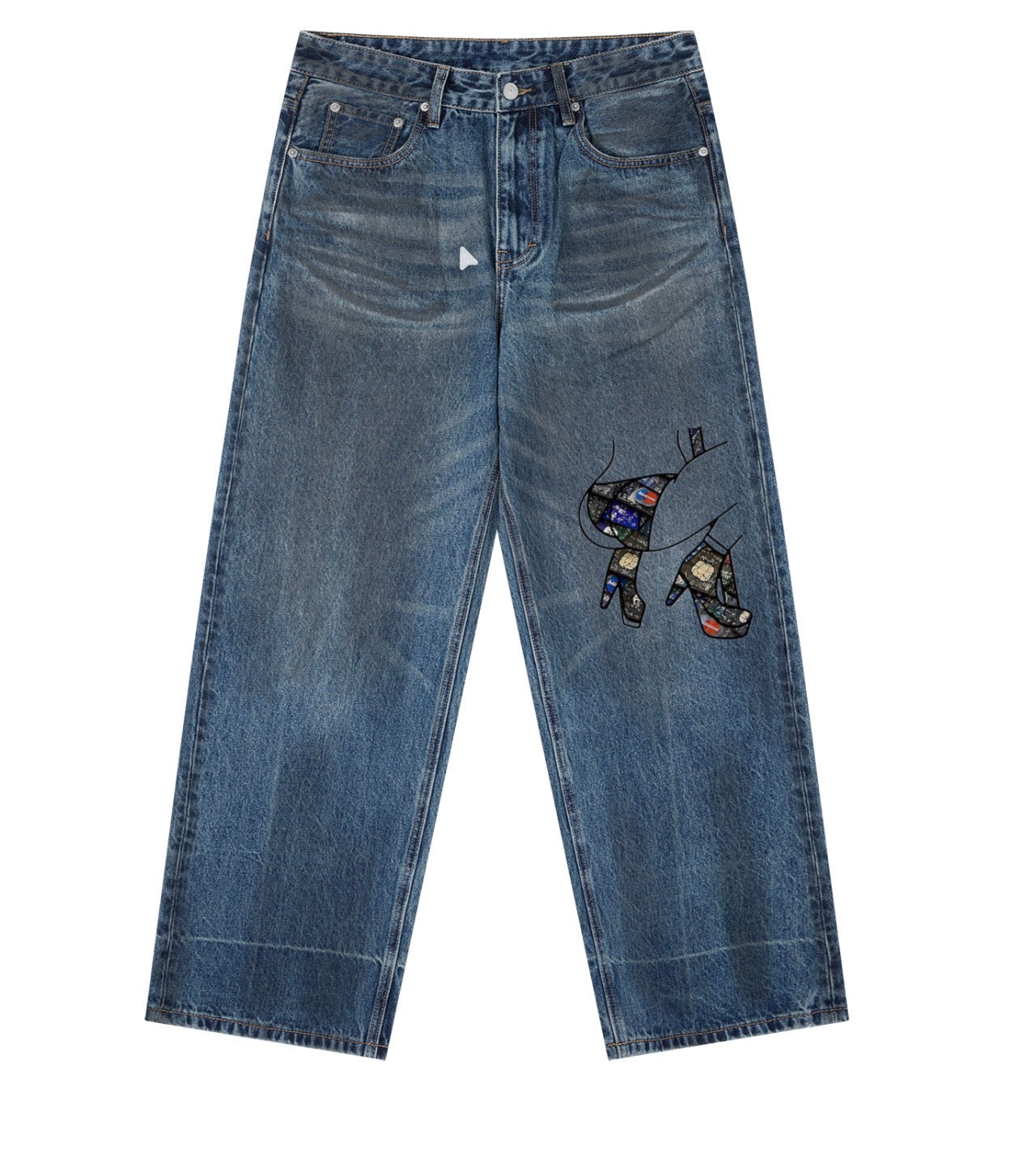 VISA DENIM wide-leg jeans with patchwork graphic appliqué